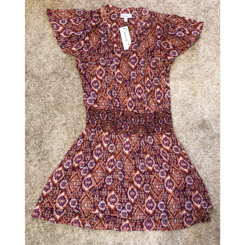 NEW Veronica M Womens Dress Red Purple Ruffle Sleeve Chiffon Mini Dress Smocked